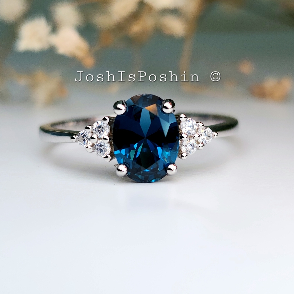1.5CT London Blue Topaz round diamond ring in sterling silver